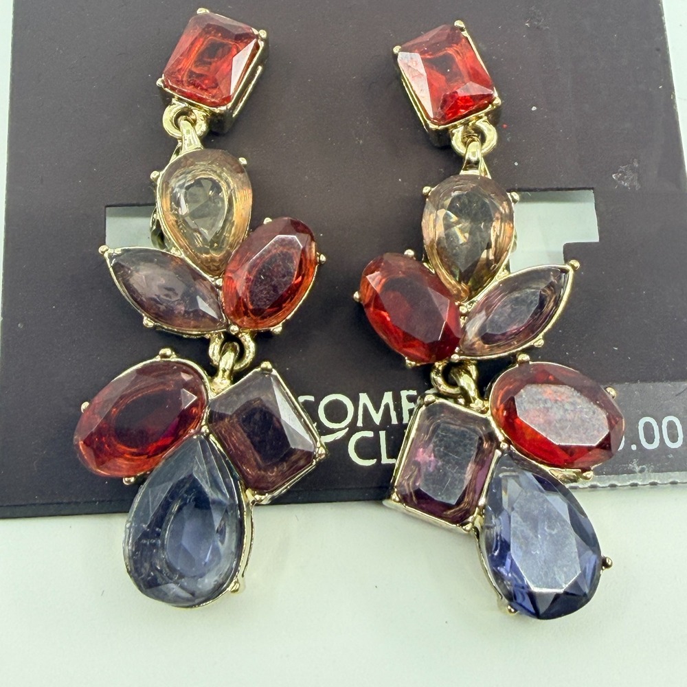Vintage Anne Klein Clip-On Drop Earrings Multicolor Jewel Cluster Gold Tone - Picture 4 of 8